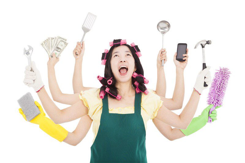 Overwhelmed woman multitasking with six arms symbolizing stress and busy lifestyle affecting skin health.