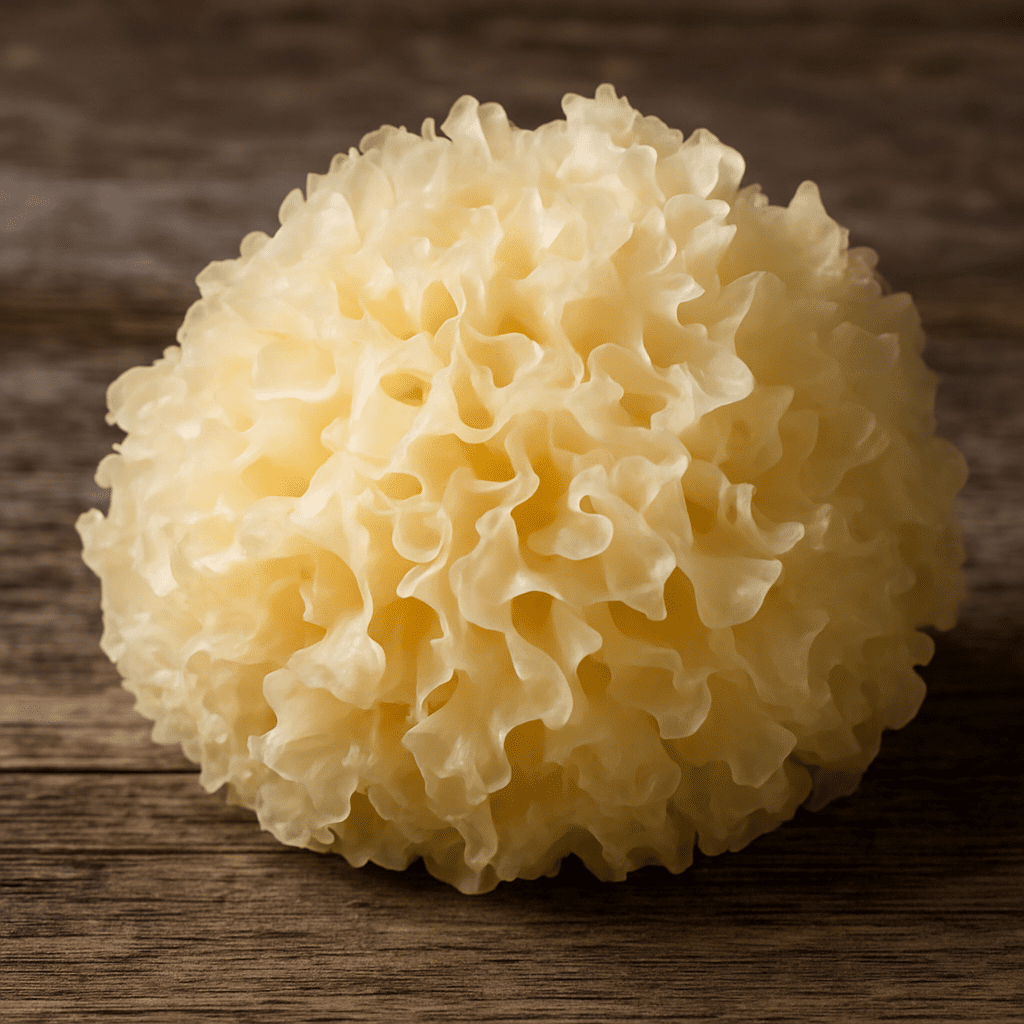 Close-up of a Tremella mushroom (snow fungus) with ruffled, translucent folds on a wooden surface.