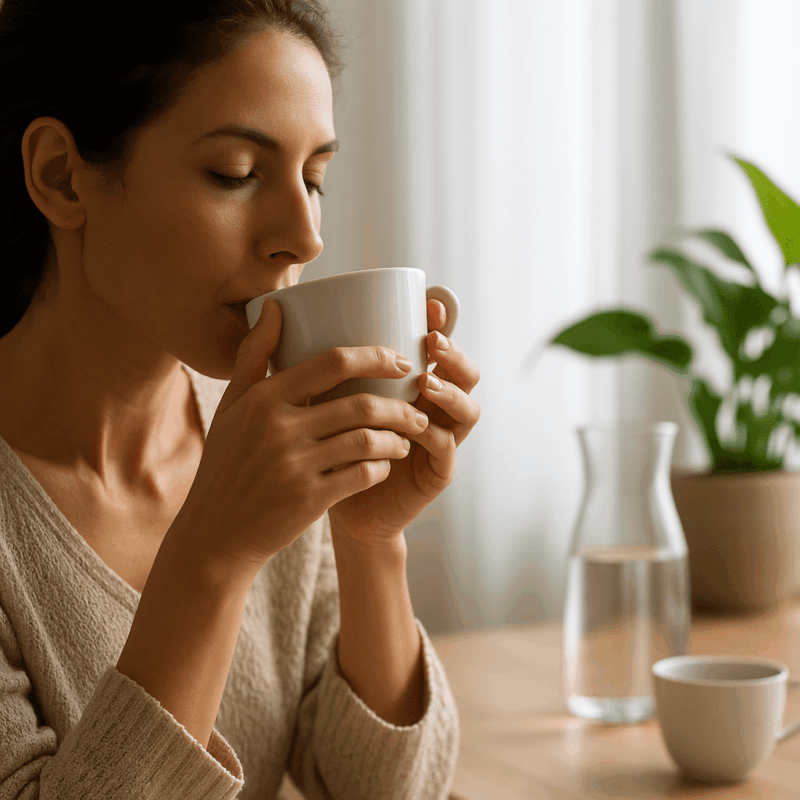 Woman sipping herbal tea in a sunlit room, supporting daily habits for healthy skin.