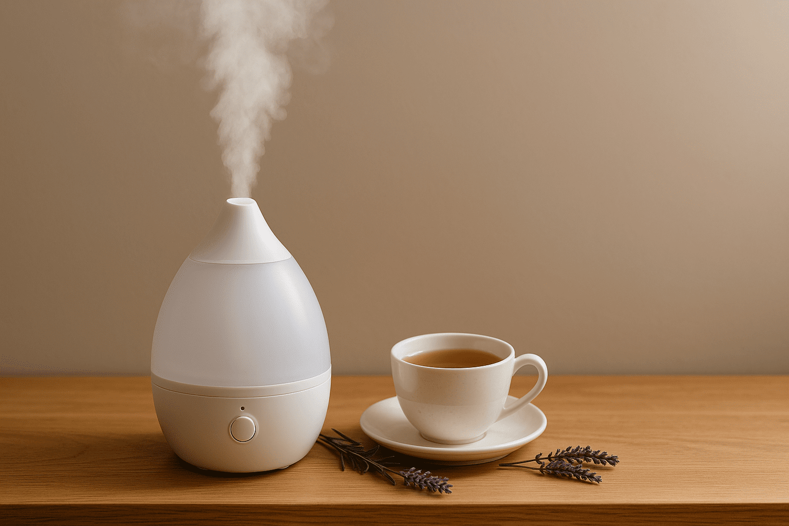 A humidifier releasing mist next to a warm cup of herbal tea on a wooden table, evoking a calm, skin-supportive atmosphere.