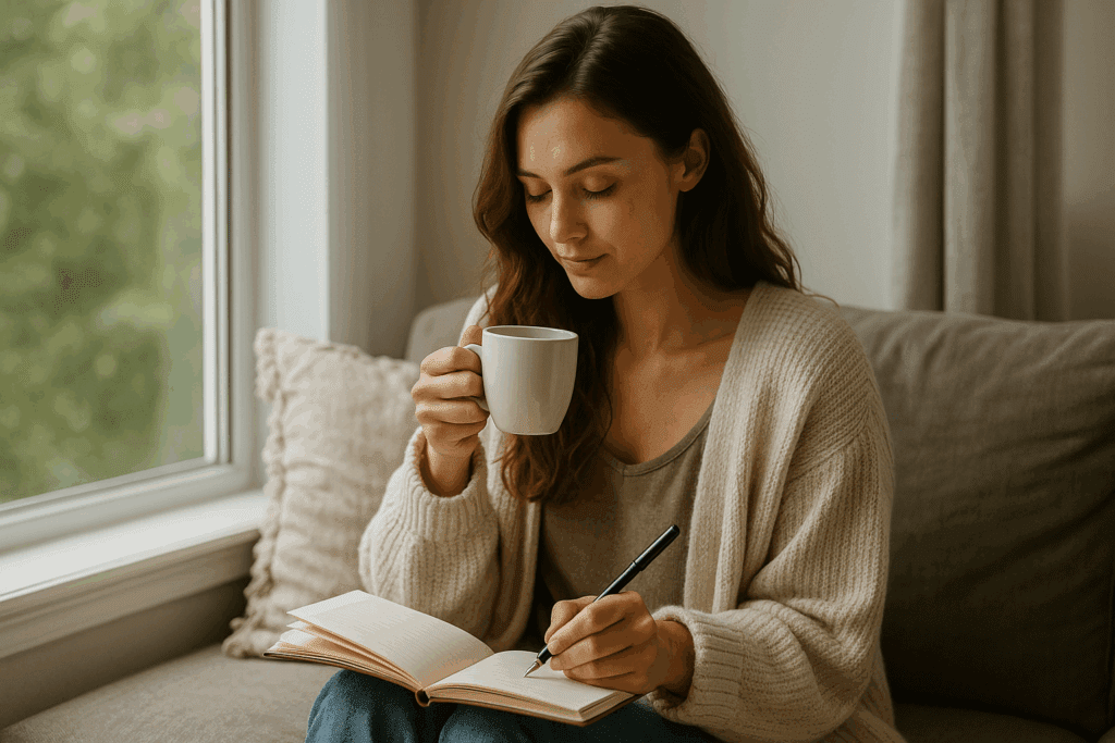 Woman journaling with tea in soft window light, supporting mindset and skin healing.
