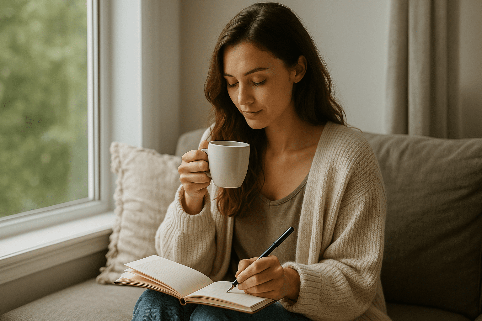 Woman journaling with tea in soft window light, supporting mindset and skin healing.